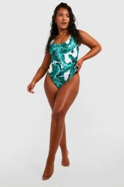 BOOHOO Plus Essentials Leaf Print Swimsuit -Sea Vibe Together female white plus essentials leaf print swimsuit 2