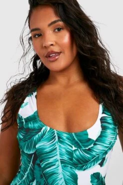 BOOHOO Plus Essentials Leaf Print Swimsuit -Sea Vibe Together female white plus essentials leaf print swimsuit 3