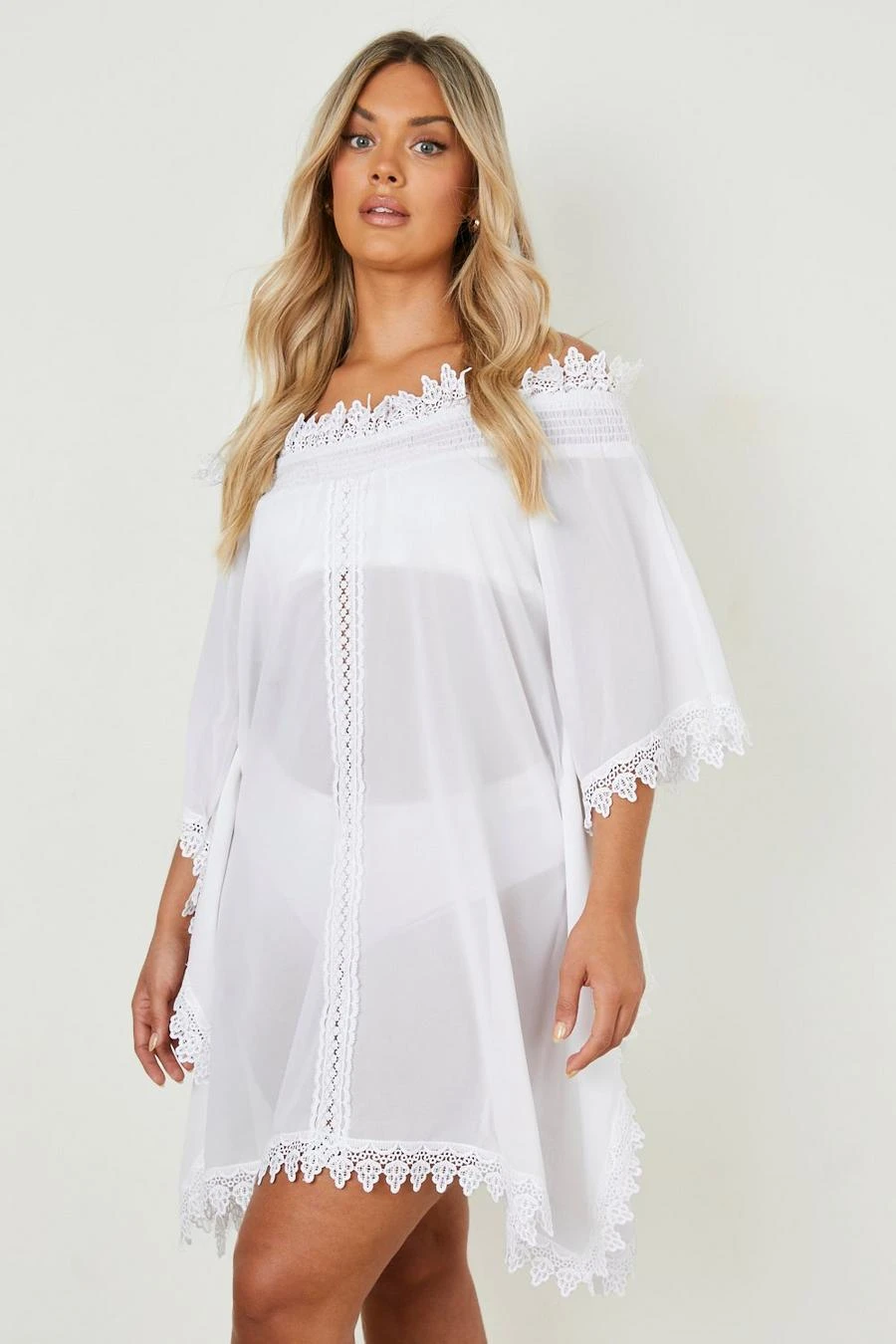 BOOHOO Plus Lace Trim Off The Shoulder Beach Dress 1 BOOHOO Plus Lace Trim Off The Shoulder Beach Dress