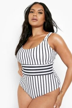 BOOHOO Plus Nautical Stripe Scoop Contrast Swimsuit