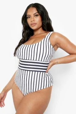 BOOHOO Plus Nautical Stripe Scoop Contrast Swimsuit -Sea Vibe Together female white plus nautical stripe scoop contrast swimsuit 3