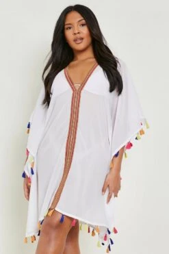 BOOHOO Plus Pom Pom Kimono Beach Cover Up -Sea Vibe Together female white plus pom pom kimono beach cover up 2
