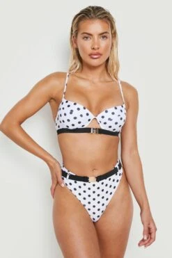 BOOHOO Polka Dot Underwired Belted Bikini Top -Sea Vibe Together female white polka dot underwired belted bikini top 2