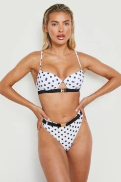 BOOHOO Polka Dot Underwired Belted Bikini Top -Sea Vibe Together female white polka dot underwired belted bikini top 3