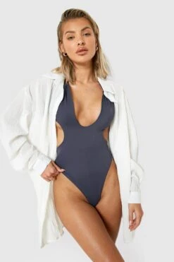 BOOHOO Shirred Crinkle Oversized Beach Shirt