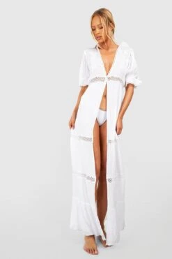 BOOHOO Tall Embroidered Crinkle Puff Sleeve Maxi Kimono -Sea Vibe Together female white tall embroidered crinkle puff sleeve maxi kimono 2