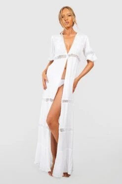 BOOHOO Tall Embroidered Crinkle Puff Sleeve Maxi Kimono