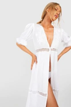 BOOHOO Tall Embroidered Crinkle Puff Sleeve Maxi Kimono -Sea Vibe Together female white tall embroidered crinkle puff sleeve maxi kimono 3