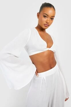 BOOHOO Tall Twist Front Flare Sleeve Crop Top -Sea Vibe Together female white tall twist front flare sleeve crop top 2