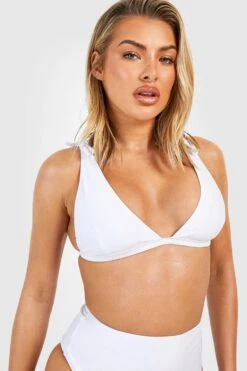 BOOHOO Tie Shoulder Plunge High Waist Bikini Set -Sea Vibe Together female white tie shoulder plunge high waist bikini set 3