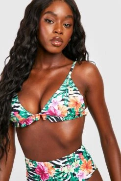 BOOHOO Tropical Zebra Ruffle High Waisted Bikini Set -Sea Vibe Together female white tropical zebra ruffle high waisted bikini set 2