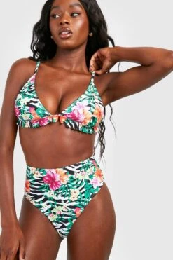 BOOHOO Tropical Zebra Ruffle High Waisted Bikini Set