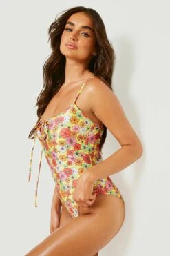 BOOHOO Bright Floral Strappy Tie Swimsuit -Sea Vibe Together female yellow bright floral strappy tie swimsuit 2