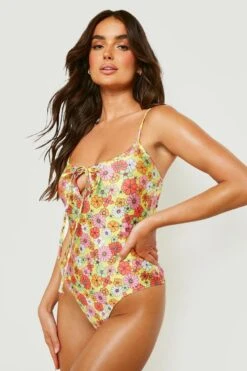 BOOHOO Bright Floral Strappy Tie Swimsuit