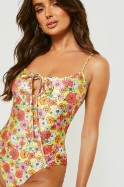 BOOHOO Bright Floral Strappy Tie Swimsuit -Sea Vibe Together female yellow bright floral strappy tie swimsuit 3