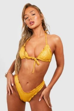 BOOHOO Floral Embossed Ruffle Triangle Bikini Set 6 BOOHOO Floral Embossed Ruffle Triangle Bikini Set -Sea Vibe Together female yellow floral embossed ruffle triangle bikini set 2