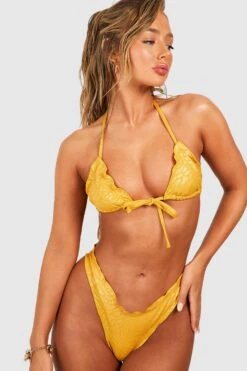 BOOHOO Floral Embossed Ruffle Triangle Bikini Set 7 BOOHOO Floral Embossed Ruffle Triangle Bikini Set -Sea Vibe Together female yellow floral embossed ruffle triangle bikini set 3