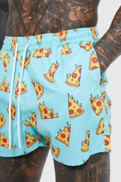 Short Length Novelty Pizza Swim Shorts 7 Short Length Novelty Pizza Swim Shorts -Sea Vibe Together male blue short length novelty pizza swim shorts 3