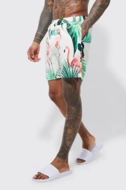 Mid Length Novelty Flamingo Swim Shorts